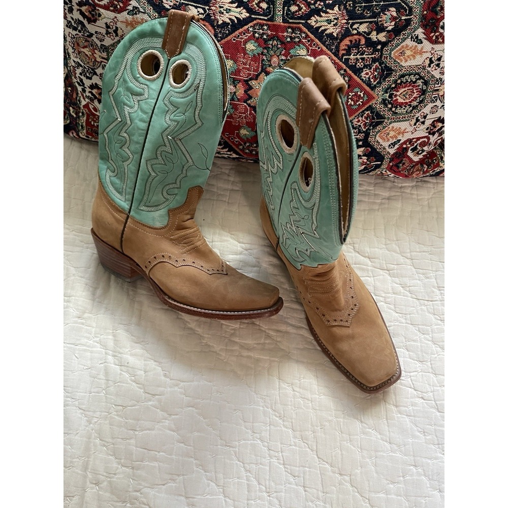 Corral Women's Leather Western Turquoise Brown Square Toe Boots 7.5